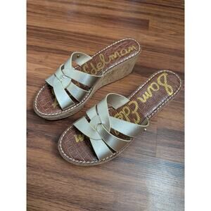 Sam Edelman Gold Metallic Cork Wedge Sandals- 10- Platform Slide Summer Resort